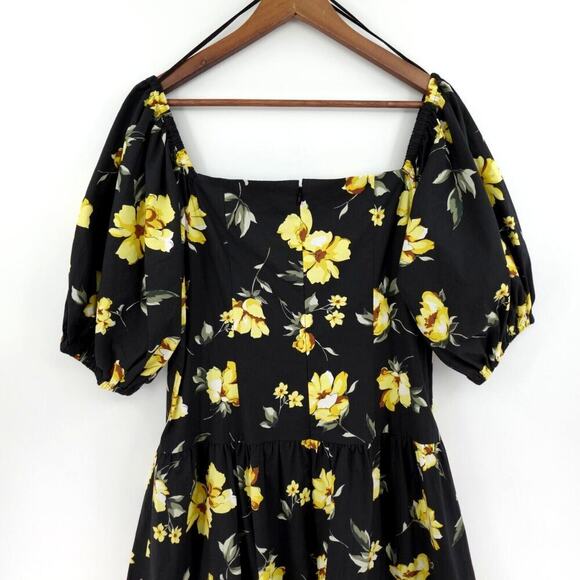 Teri Jon By Rickie Freeman Midi Dress 16 Black Yellow Roses Tiered Summer - Picture 10 of 16